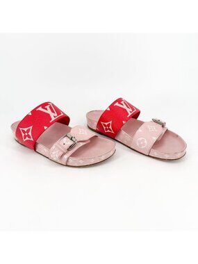 Louis Vuitton Bom Dia Slide Sandals Pink Red Monogram Canvas Size 38 US 8 Women